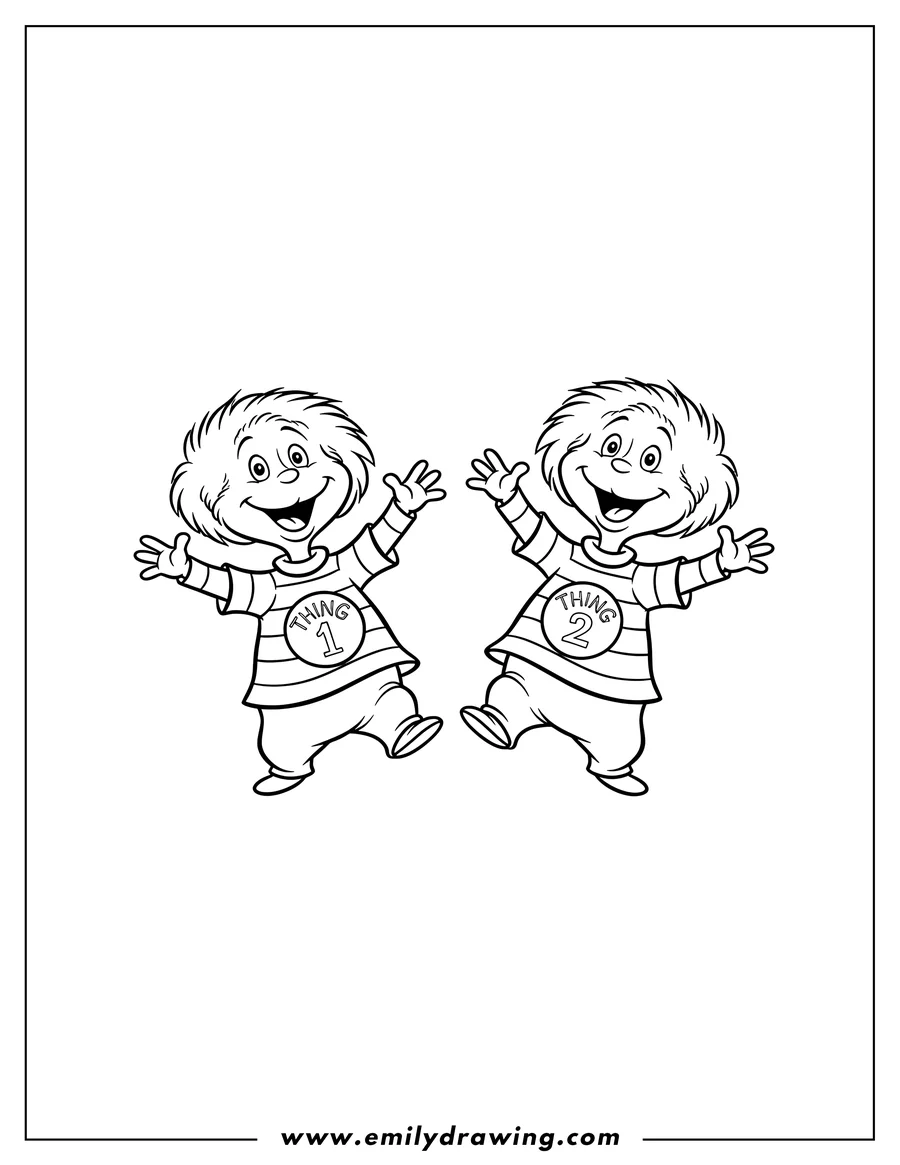 Printable line art of thing 1 and Thing 2, smiling and standing with arms raised