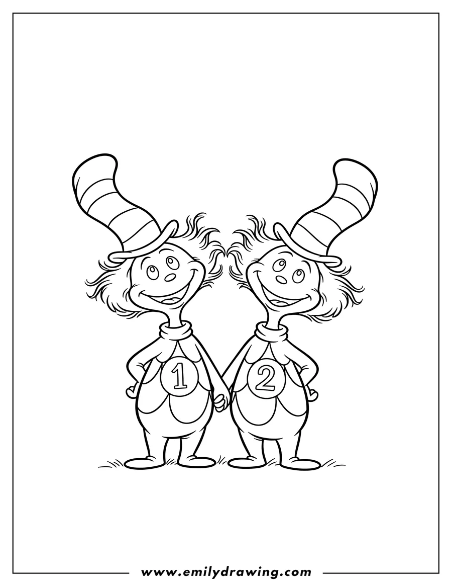 Vector style outline of 7 Scaled, Thing 1 and Thing 2 from Dr. Seuss, standing side by side and smiling