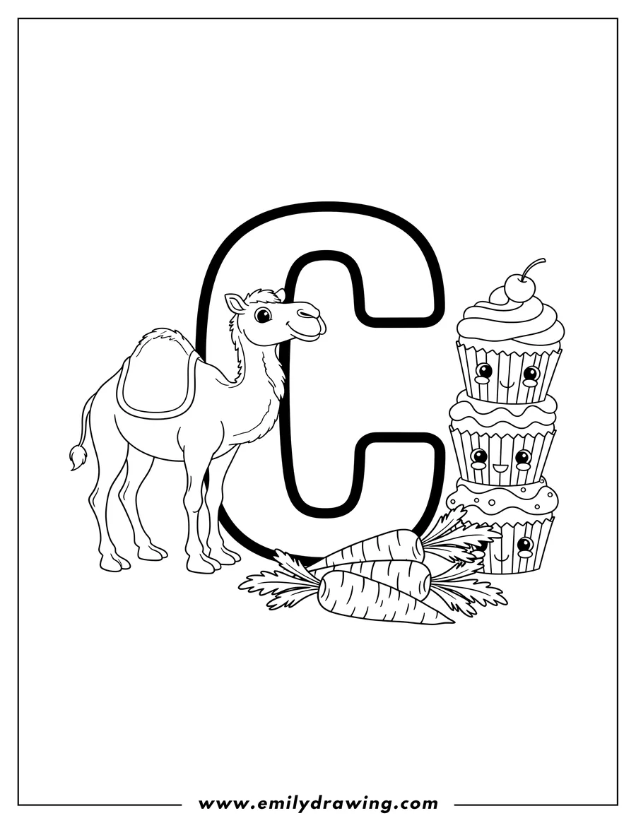 Full page coloring image of things That Start With Letter C, featuring a large letter C, cupcakes, carrots, and a camel