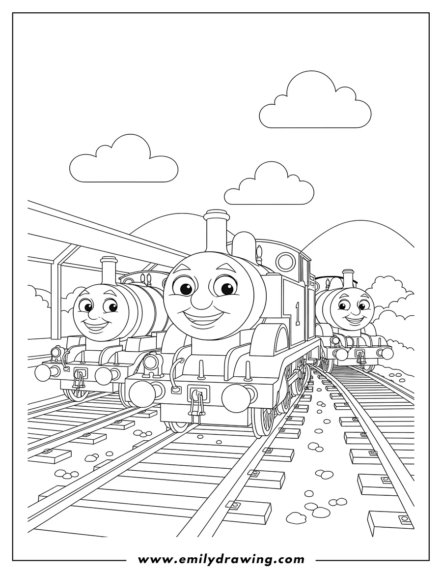 Coloring page for kids: thomas And Friends Scaled, featuring Thomas, Percy, and Nia smiling on train tracks