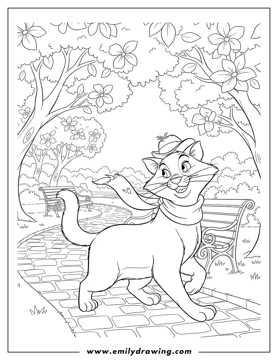 Coloring sheet featuring thomas O Malley walking on a path in a park, looking over his shoulder
