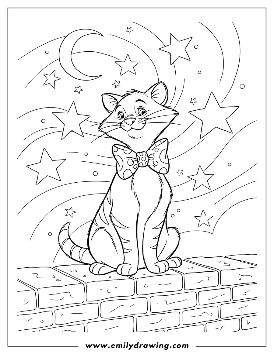 Coloring page for kids: thomas O Malley Wearing Bowtie Sitting On A Brick Wall On Starry Night