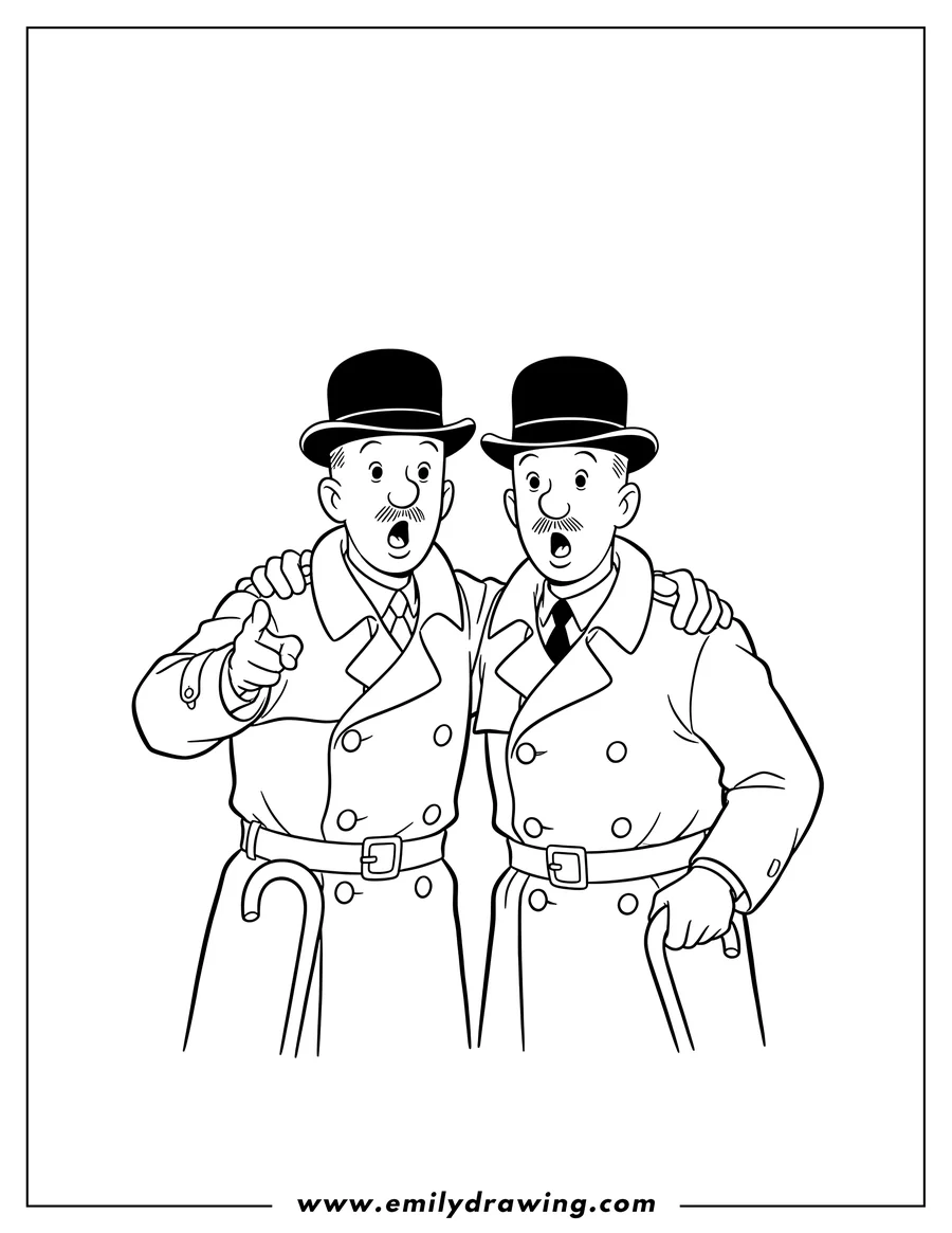 Coloring sheet featuring thomson And Thompson with open mouths, holding their canes, with one pointing and the other's arm around his shoulder