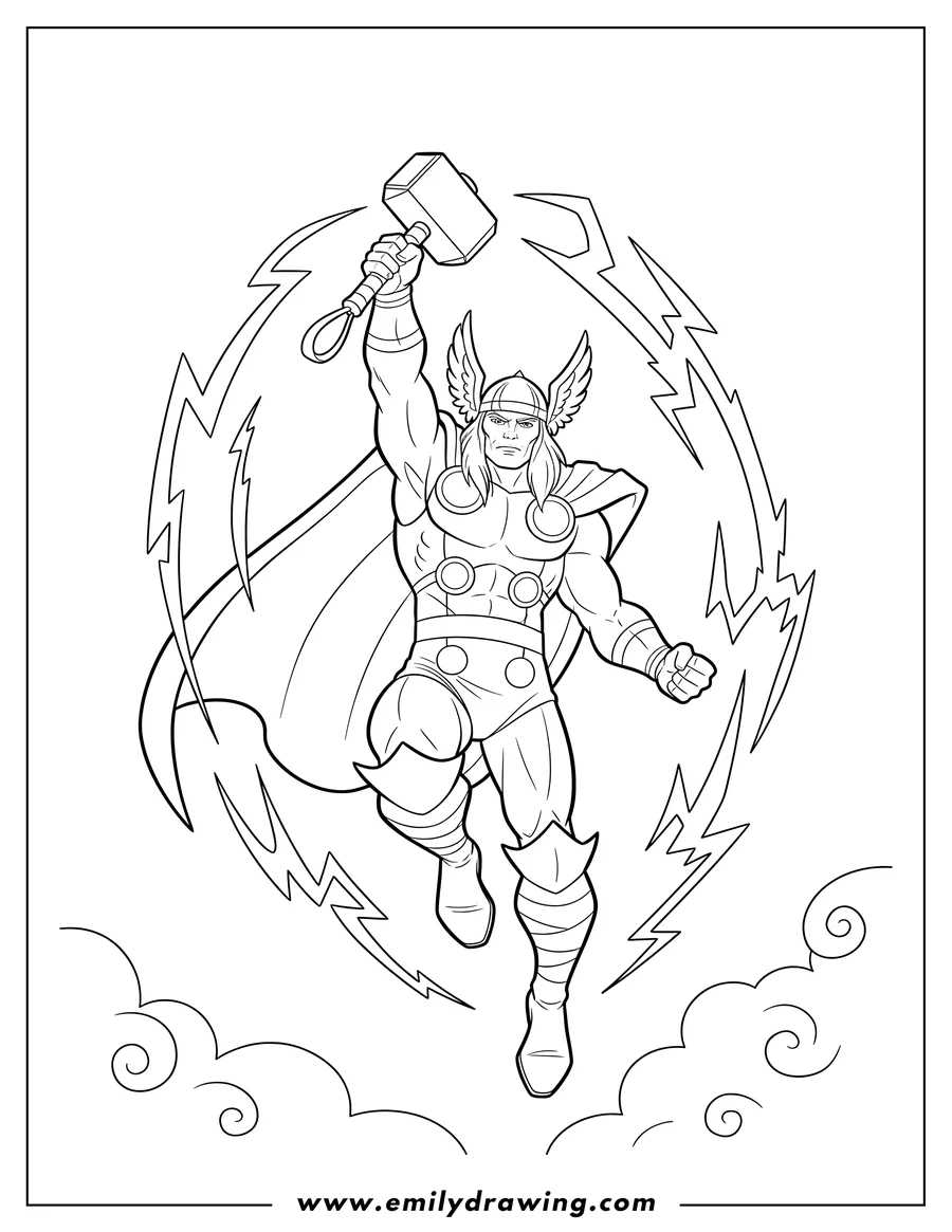 PDF style coloring page: thor God Thunder leaping through air with Mjolnir raised, cape flowing, and lightning surrounding him