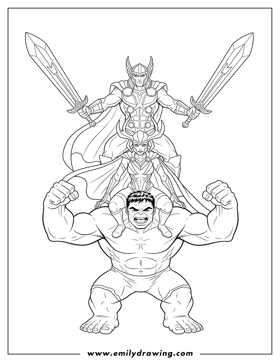Coloring page of thor, Hela, and Hulk stacked together, with Thor holding two swords and Hela wearing a horned helmet