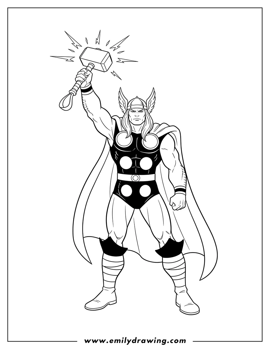 Printable line art of thor Superhero holding Mjolnir