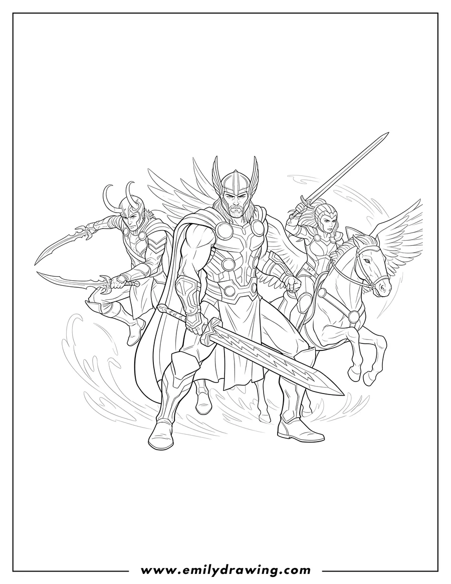 Coloring sheet featuring thor, Loki, and Valkyrie in action poses, all holding swords, to color