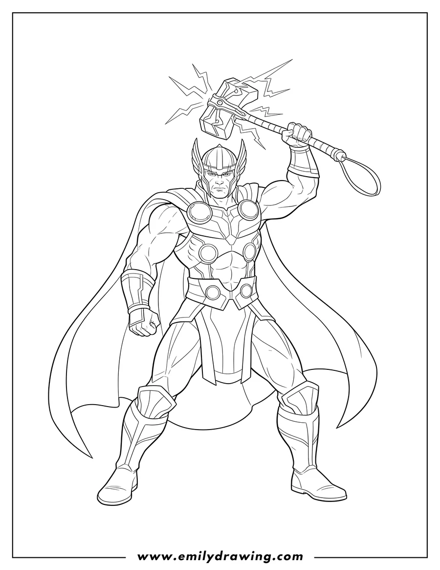 Outline drawing of thor in armor and cape, wielding Stormbreaker in a powerful stance