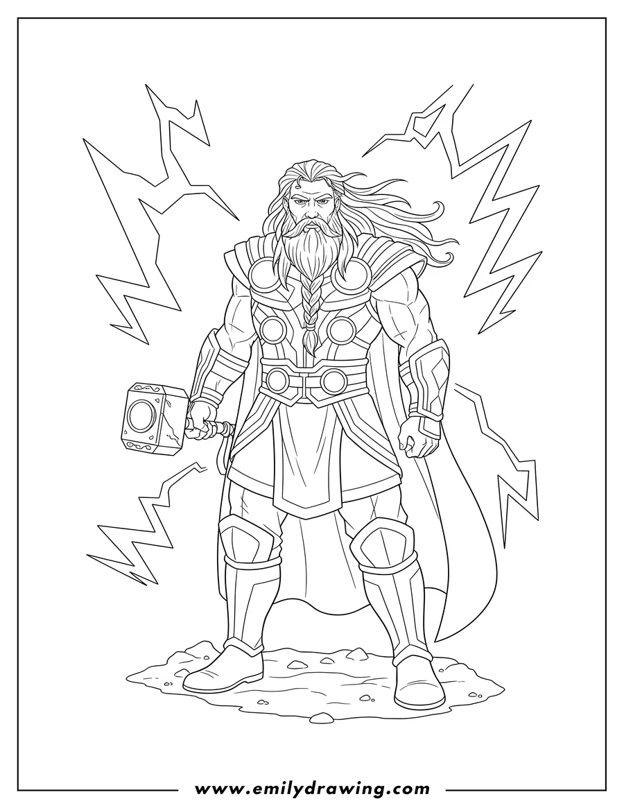 Downloadable coloring page of thor, standing with long hair and beard, in detailed armor with lightning strikes