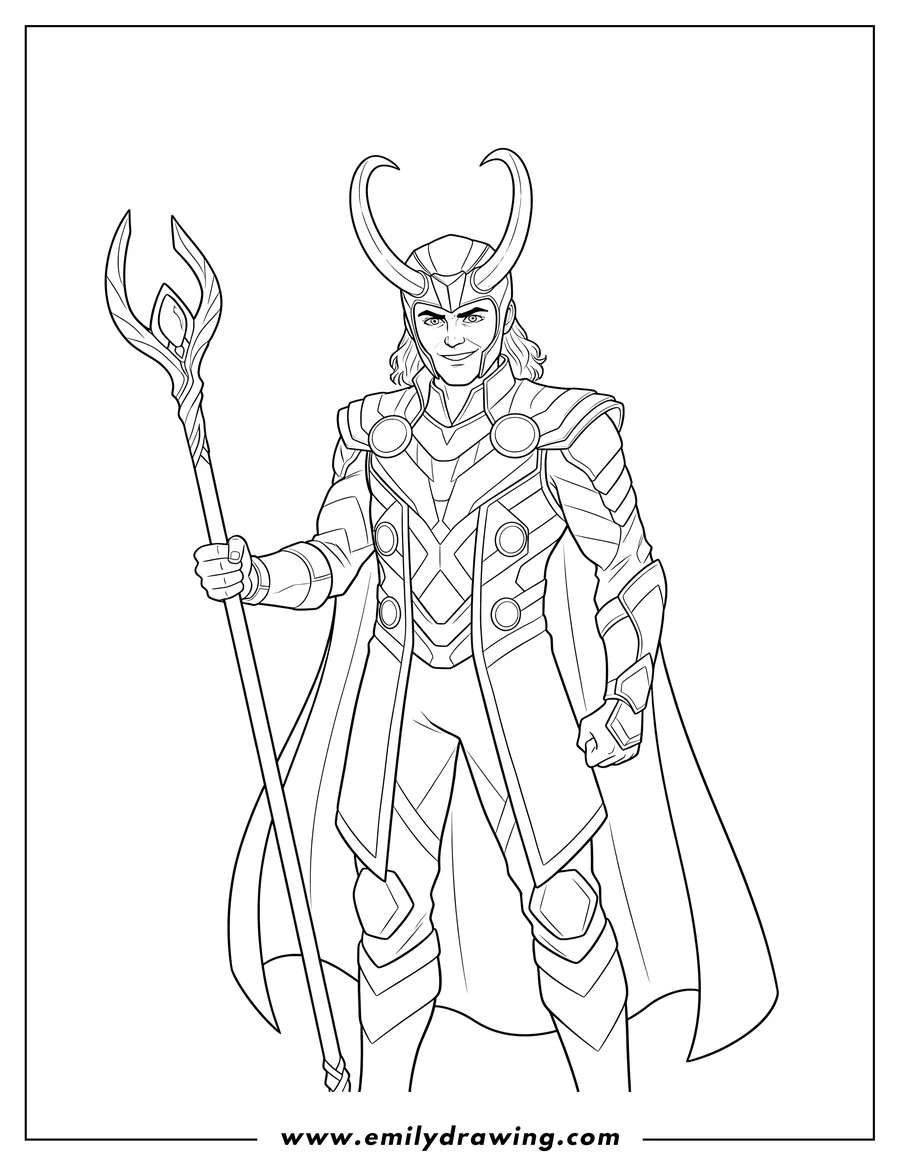Free printable coloring sheet of thors Brother Loki wearing his armor and holding his staff To Color