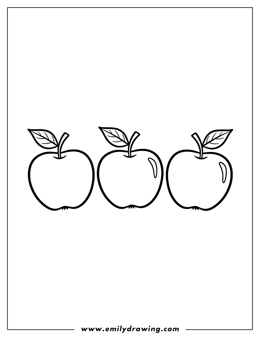 Coloring sheet featuring three Apple Outline Template with Stems and Leaves