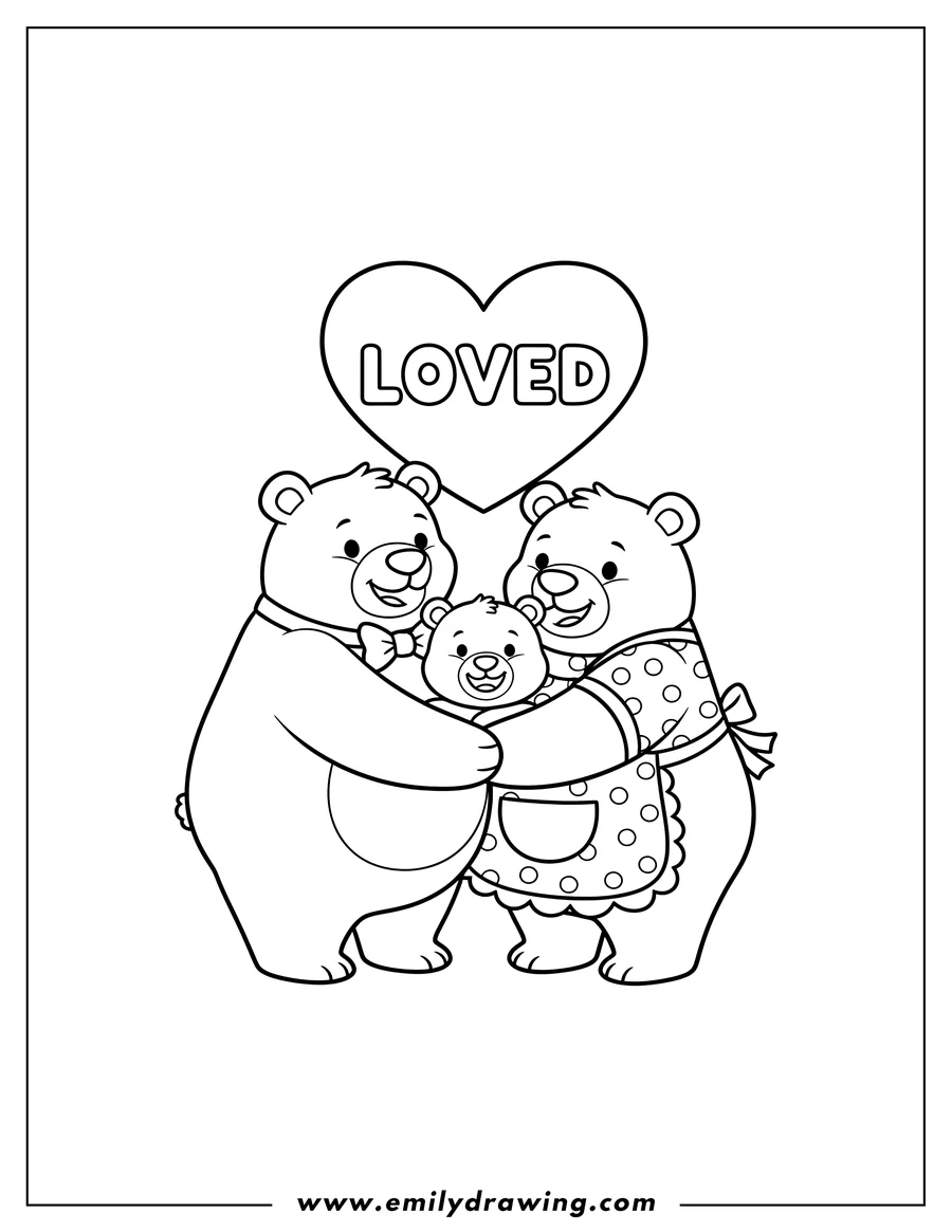 Free to print drawing of three bears hugging, with a heart above them that says 'Loved'