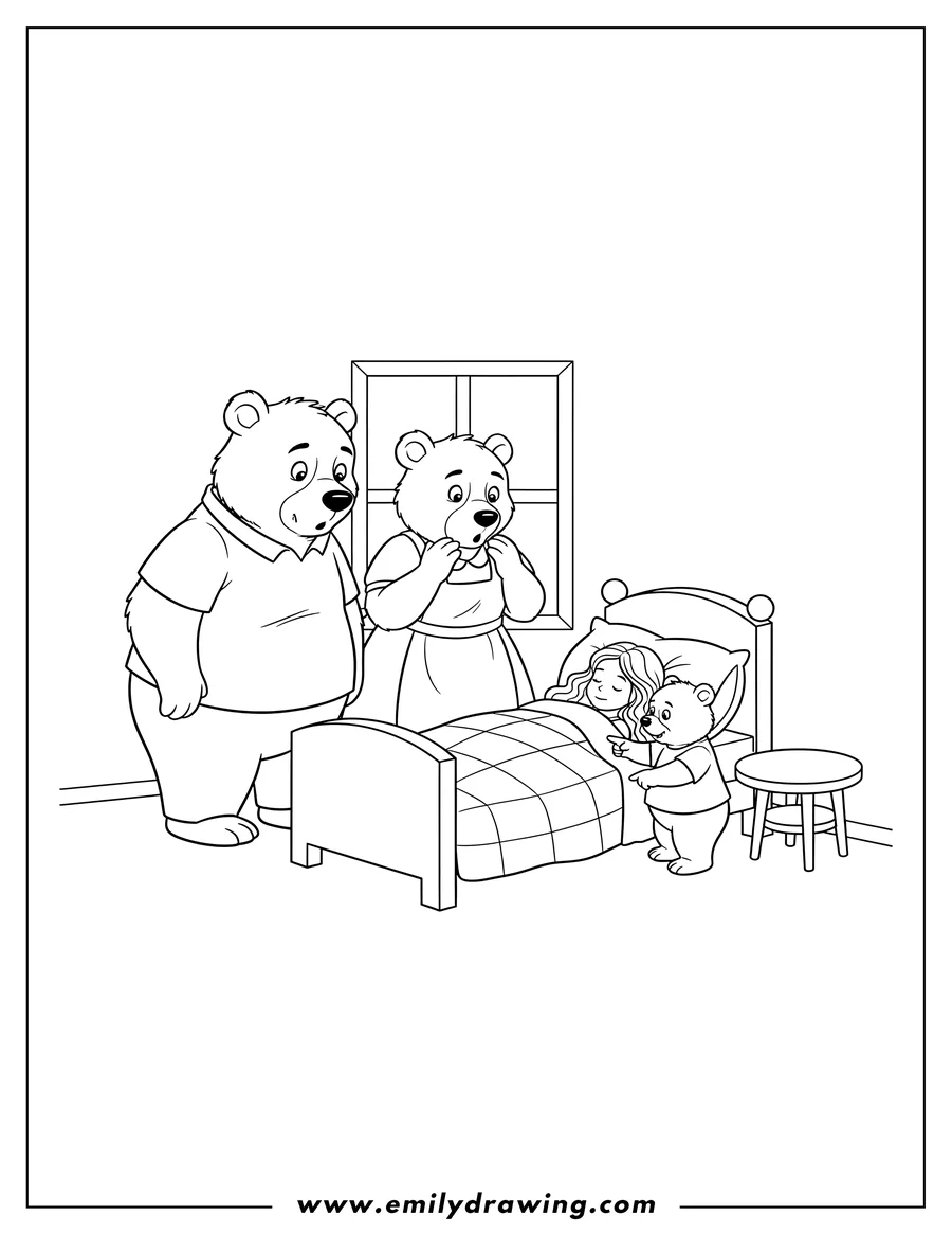 Clean line drawing: three Bears standing by the bed, looking down at Goldilocks sleeping