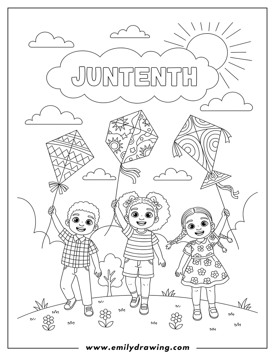 Vector style outline of three children flying kites with 'Juneteenth' written in a cloud and a sunny sky