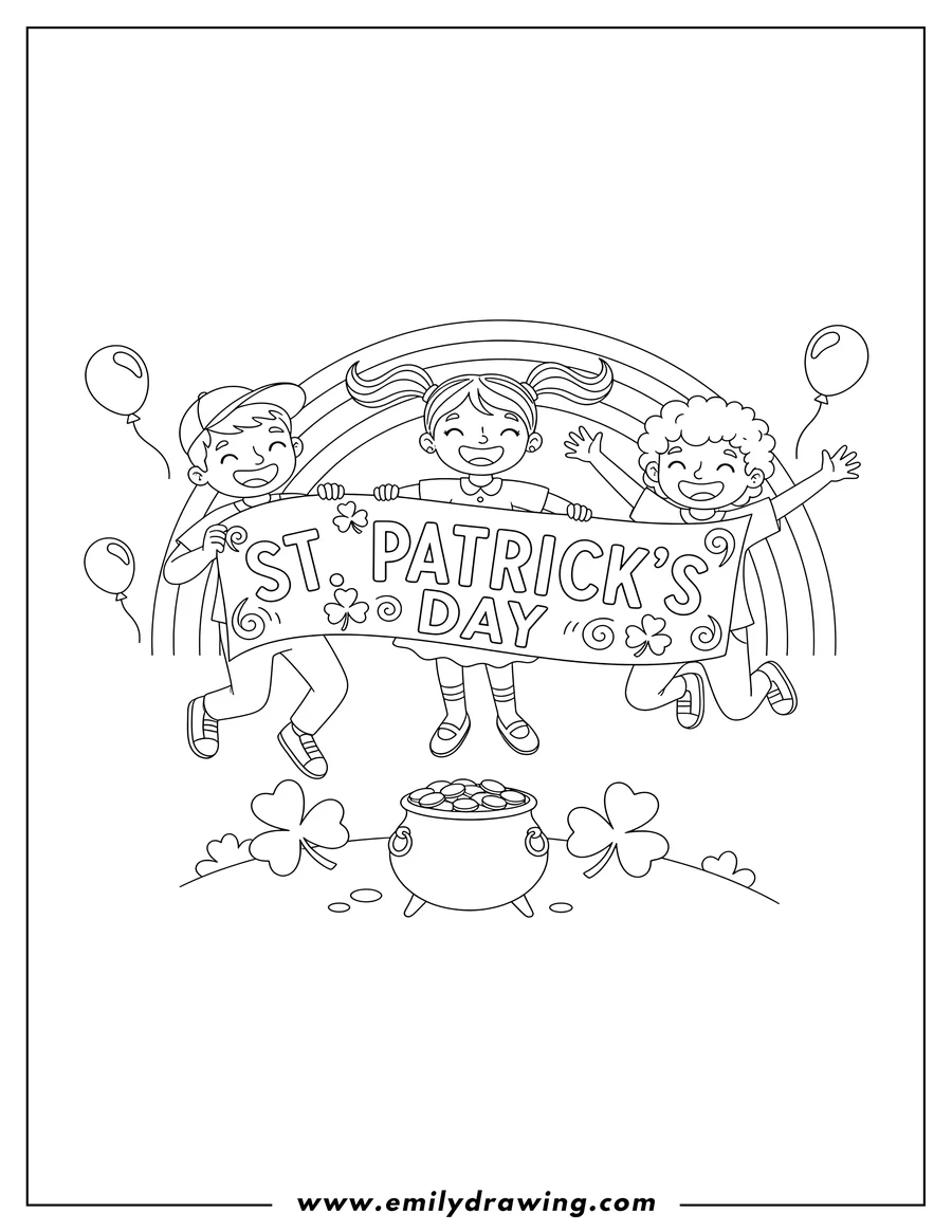 Downloadable coloring page of three children joyfully jumping while holding up a 'St. Patrick's Day' banner