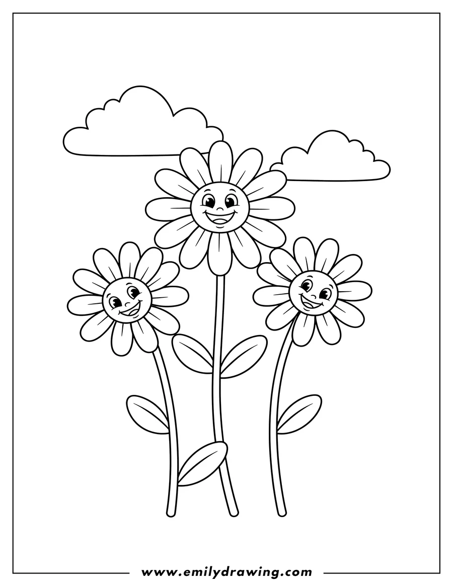 Outline drawing of three Cute Daisy Flowers with long stems, standing tall, and Clouds
