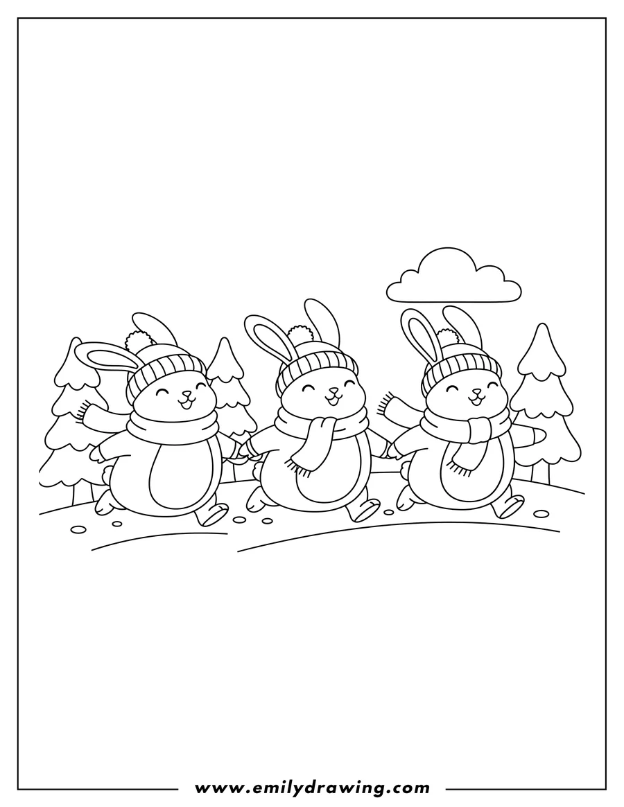 Coloring sheet featuring three cute rabbits holding hands, walking in a cozy winter landscape