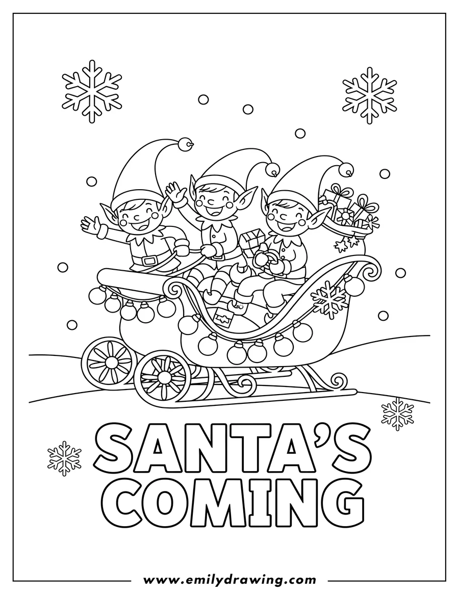 Simple sketch of three elves wearing pointed hats riding in a sleigh decorated with lights, with SANTA'S COMING text to color