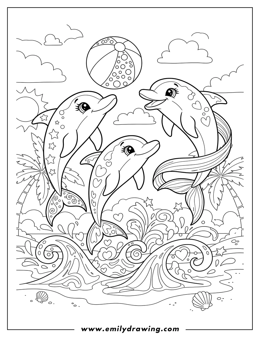 Coloring page for kids: lisa Frank three happy dolphins jumping with a beach ball