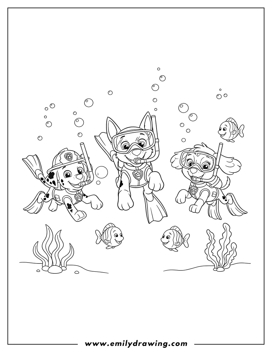 Free to print drawing of three happy Paw Patrol pups scuba diving and swimming