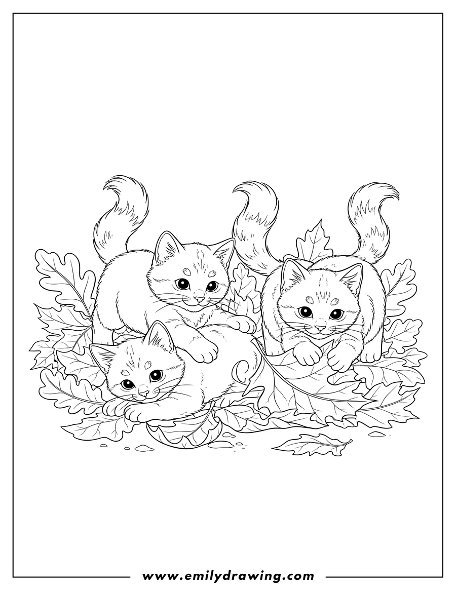 High quality printable three kittens playing among fall leaves, one with its paw on another for coloring