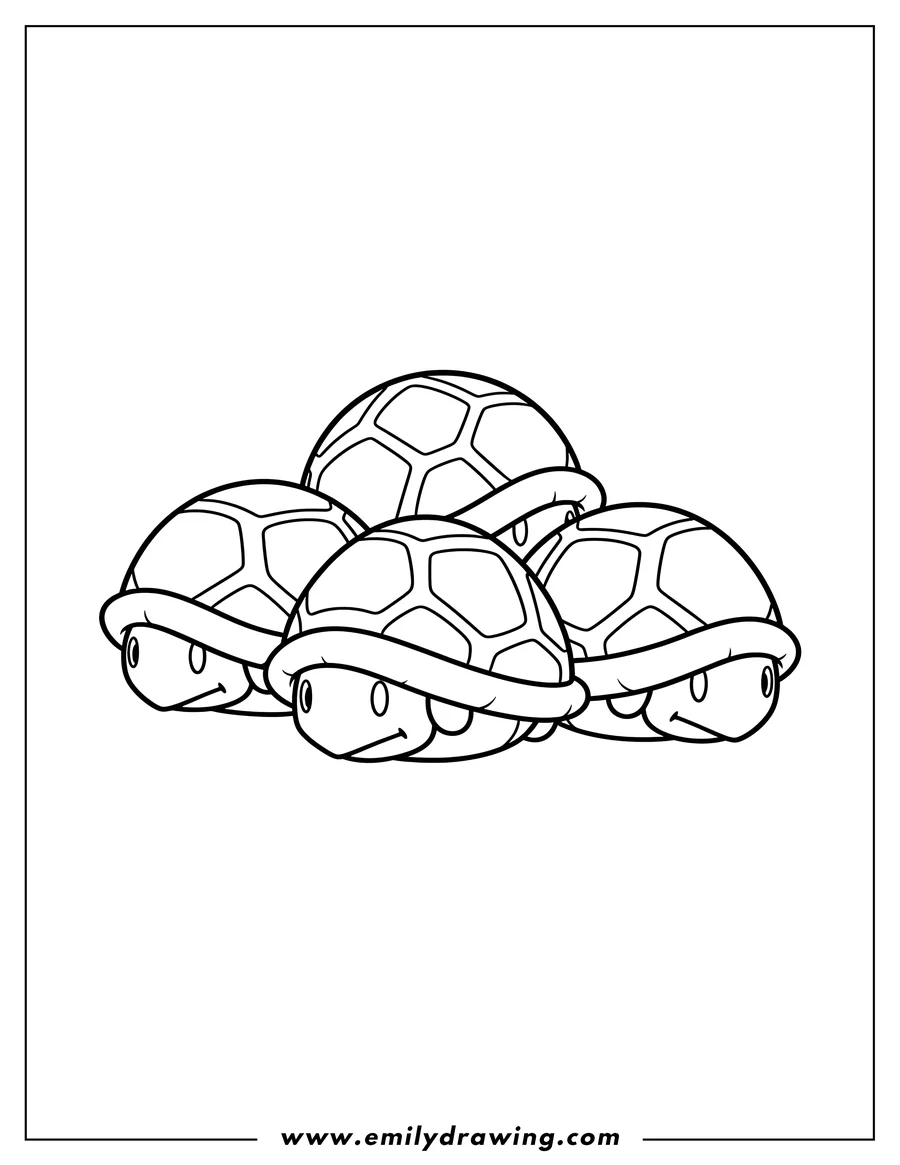 Downloadable coloring page of three overlapping Red Turtle Shells From Mario Kart