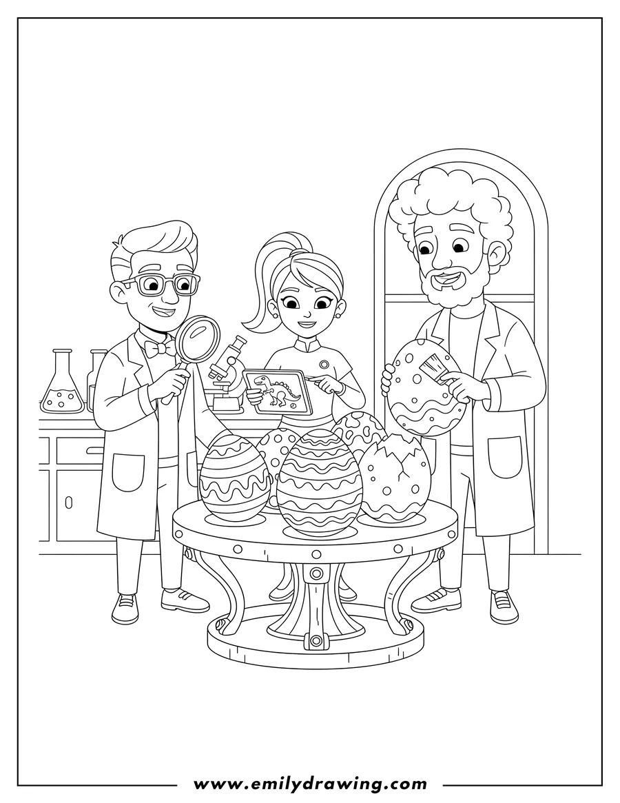 Free printable coloring sheet of three scientists gathered around a large stand, studying dinosaur eggs