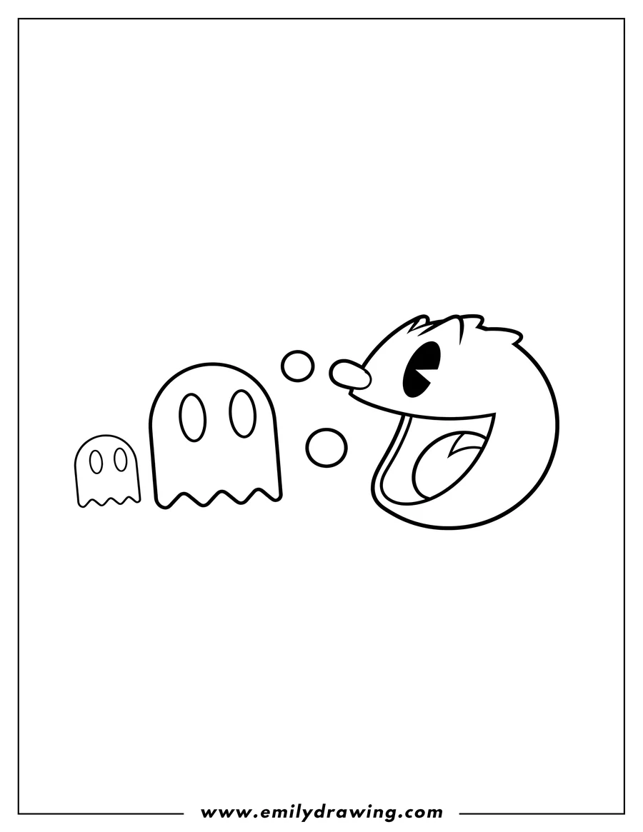 Outline drawing of three Simple Ghosts and Pac Man with open mouth eating two dots