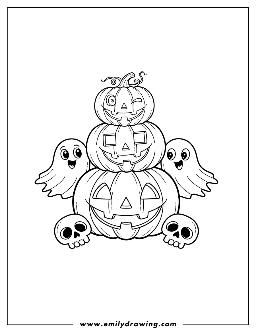 Coloring sheet featuring three Stacked Jack O Lanterns With Ghosts and Skulls