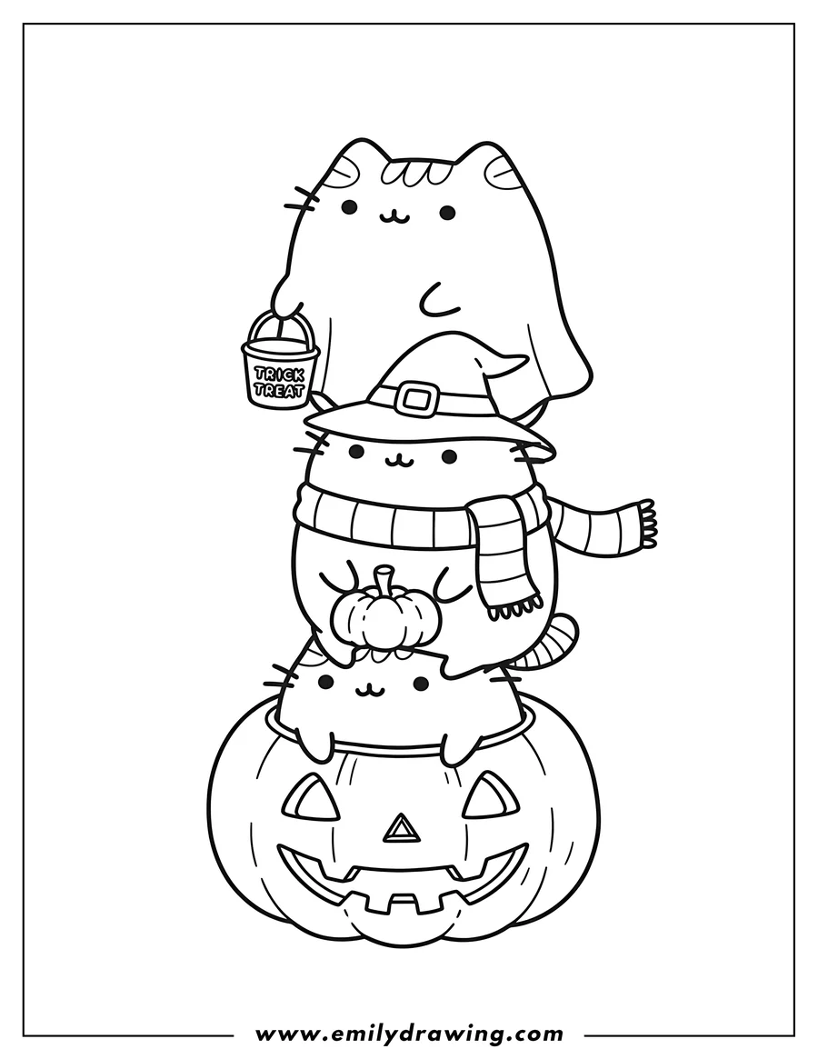 Coloring page of three stacked Pusheen cats for Halloween, one inside a jack-o'-lantern and another with a pumpkin hat
