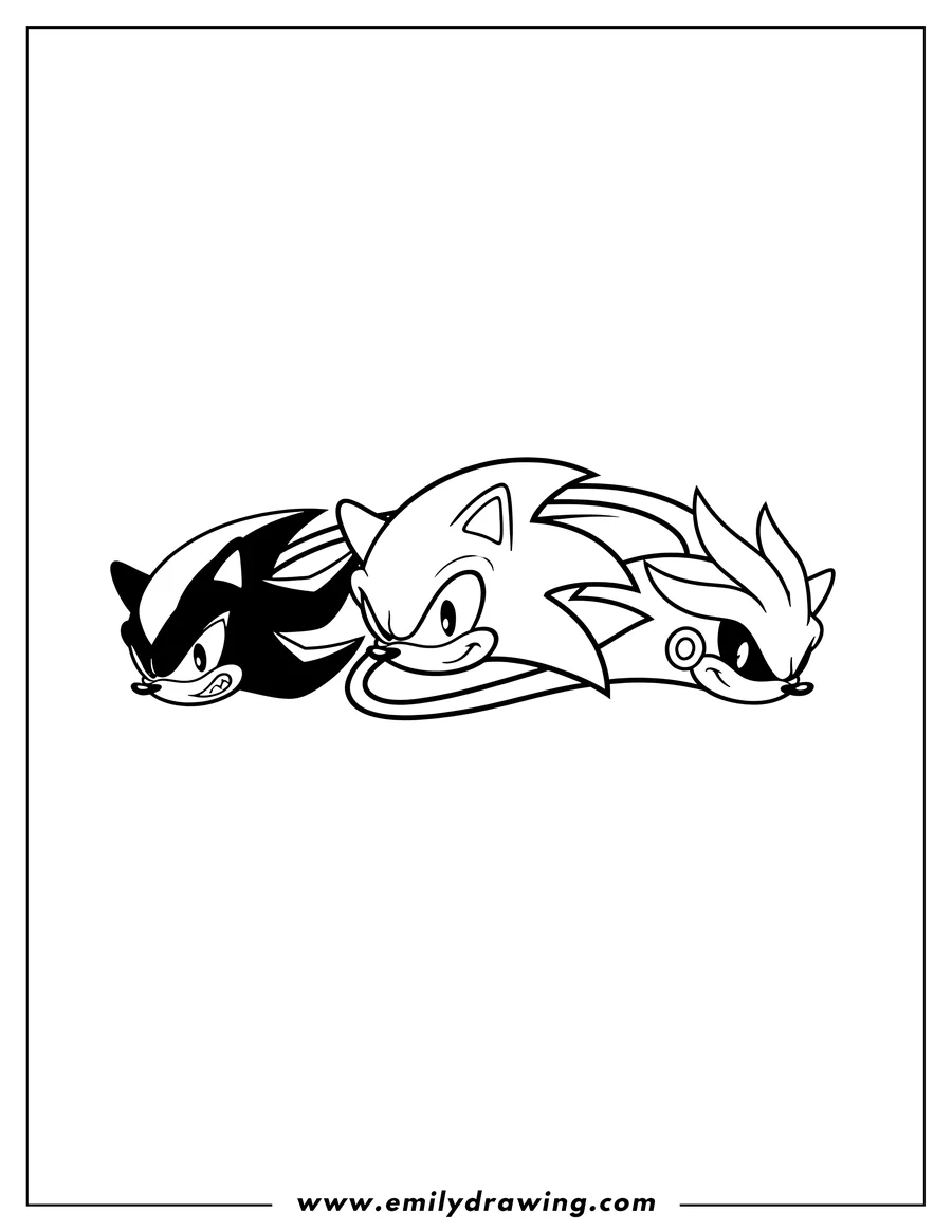 Coloring page of three stylized Shadow, Sonic, and Silver character logos, grouped together
