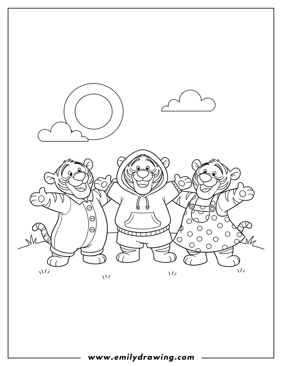 Outline of three Tigger characters standing together with open arms on a grassy hill, under a sun and clouds.