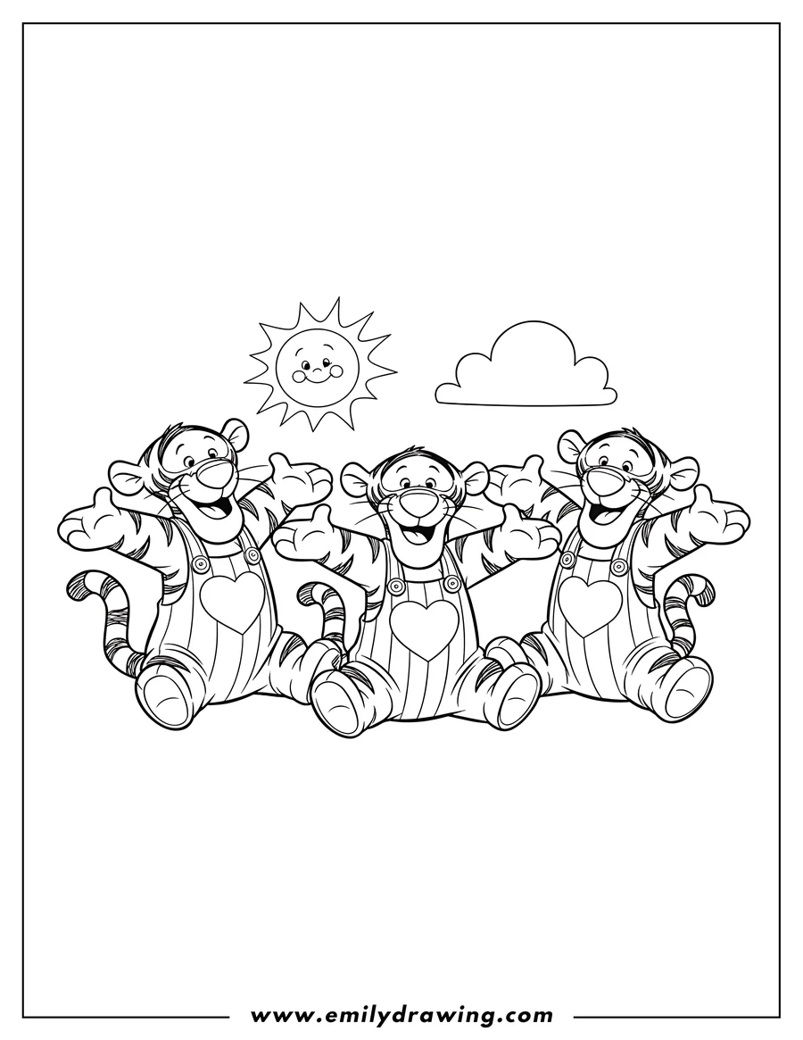 Outline of three Tigger characters sitting and waving under a smiling sun and a cloud