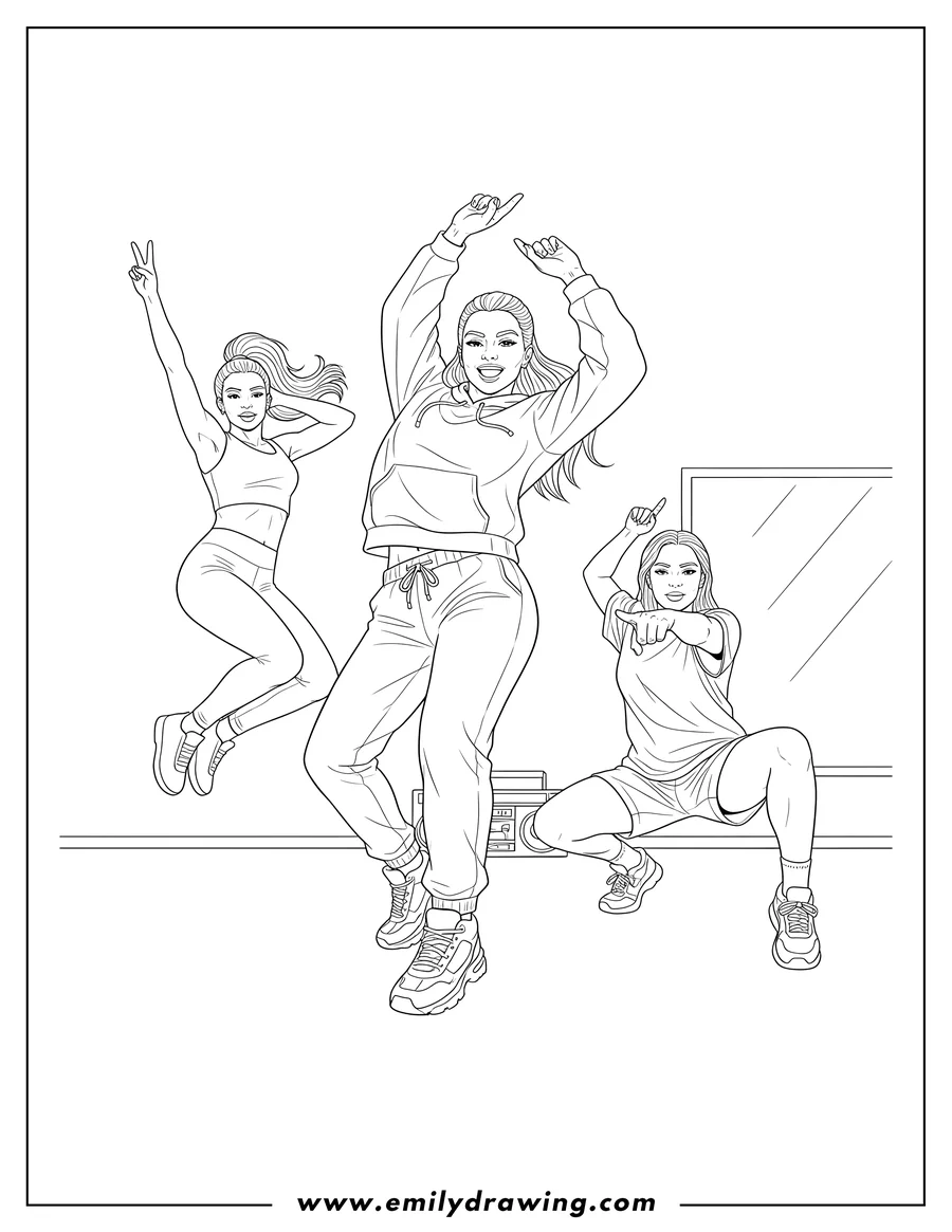 Free printable coloring sheet of three women dancing hip hop in a studio, wearing athletic clothing, dynamically posed with arms raised
