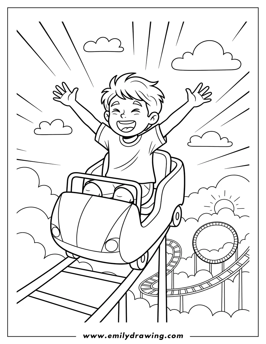 Black and white line art of thrilled boy riding a rollercoaster with arms raised, laughing