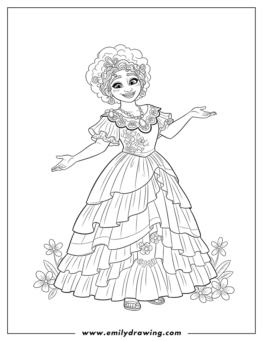 Simple sketch of tia Pepa Encanto smiling in a ruffled dress to color