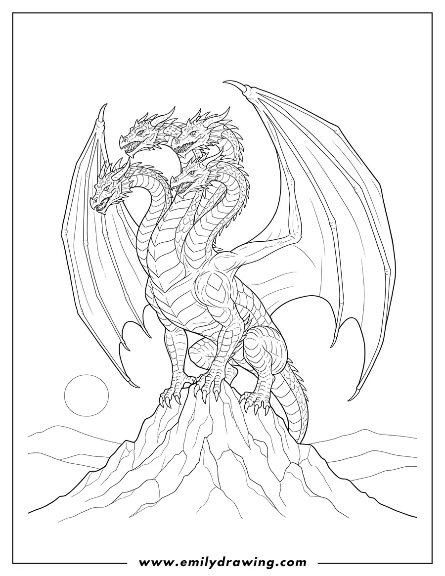 Black and white line art of dungeons And Dragons Tiamat, five-headed, perched on a mountain