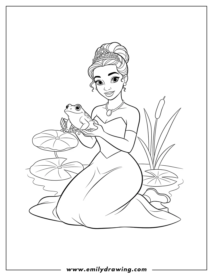 Printable coloring page of princess Tiana kneeling and holding a frog