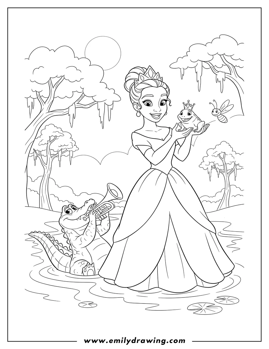 PDF style coloring page: tiana holding frog Naveen, Ray flying, and Louis floating, all by the river