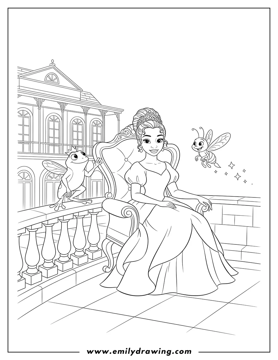 Full page coloring image of tiana wearing a crown and sitting, Ray flying, and Frog Prince Naveen standing on a balcony
