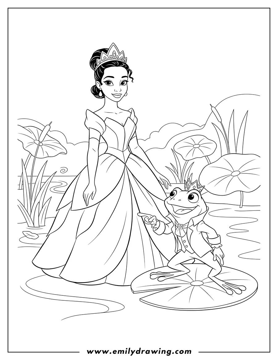 Coloring page of tiana wearing a crown, looking at a smiling Frog Prince Naveen who is pointing