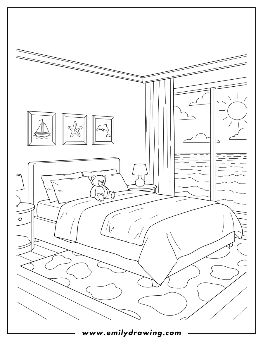 Linear illustration of tidy Bedroom With Scenic Ocean View, featuring a cozy bed and framed pictures
