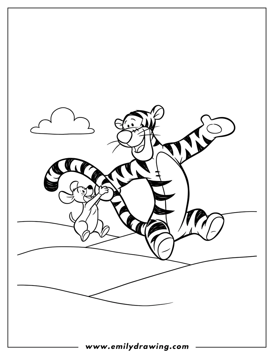 Outline of Tigger, the striped tiger from Winnie the Pooh, happily running and bouncing while holding hands (paws) with a small mouse.