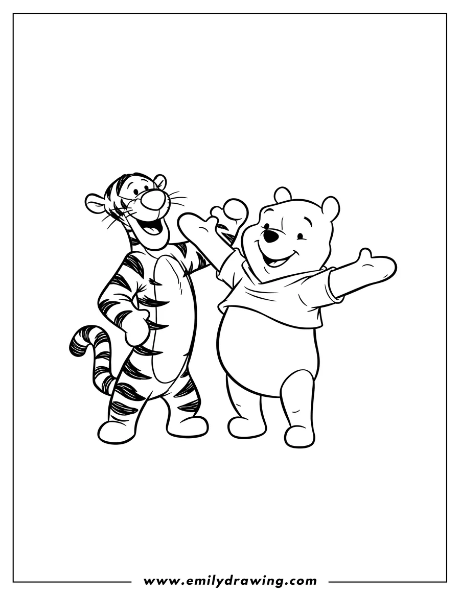 Vector style outline of tigger and Winnie the Pooh standing together, smiling happily, with Winnie's arms spread