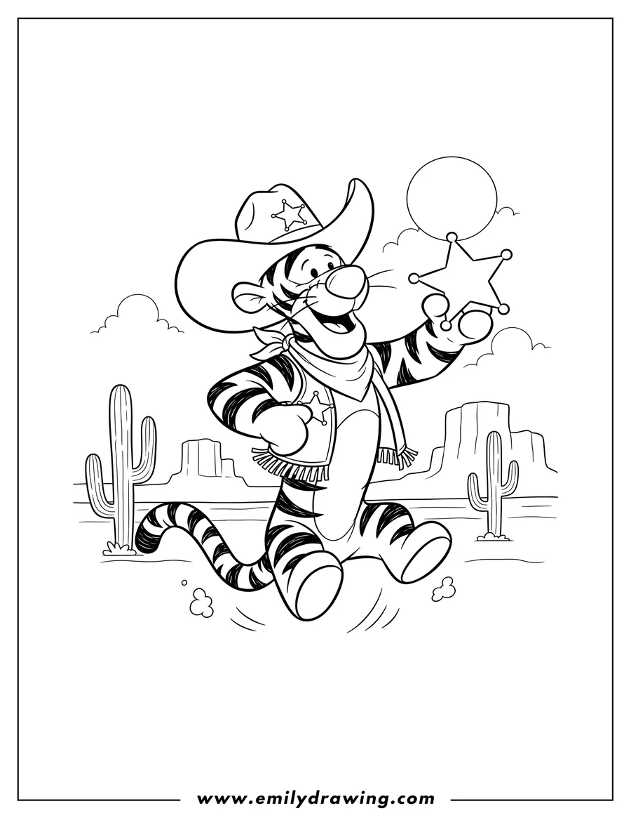 Outline of Tigger from Winnie the Pooh, dressed as a cowboy, holding up a sheriff's badge, bouncing in a desert landscape with cacti and mountains.