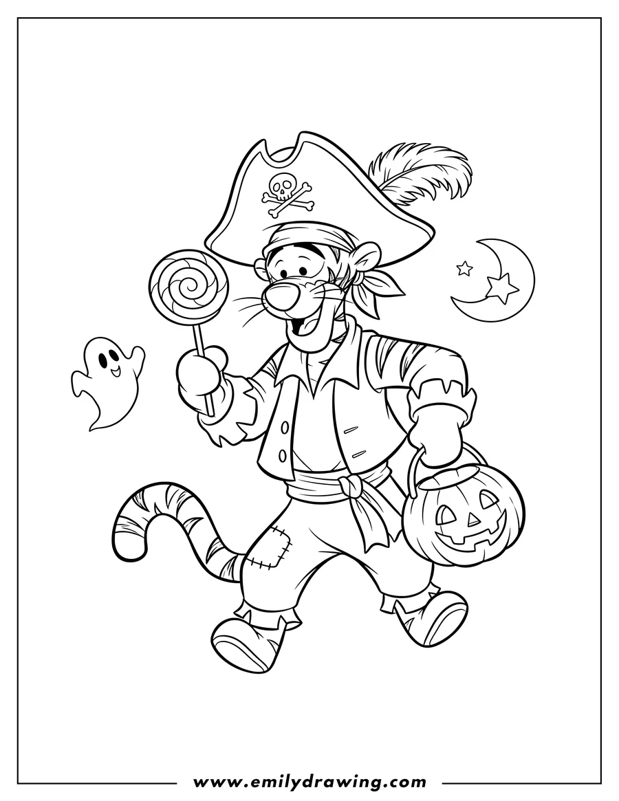 Line art of Tigger dressed as a pirate, holding a large lollipop and a jack-o'-lantern pumpkin bucket. A small ghost floats next to him, and a crescent moon with a star is in the background.