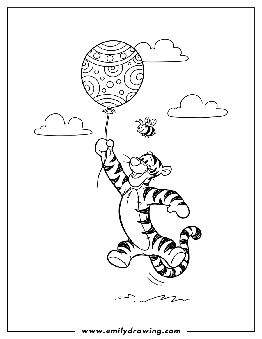 Line art of Tigger from Winnie the Pooh, holding onto a large, patterned balloon and appearing to float. A small bee buzzes near Tigger's head, and two clouds are in the background.