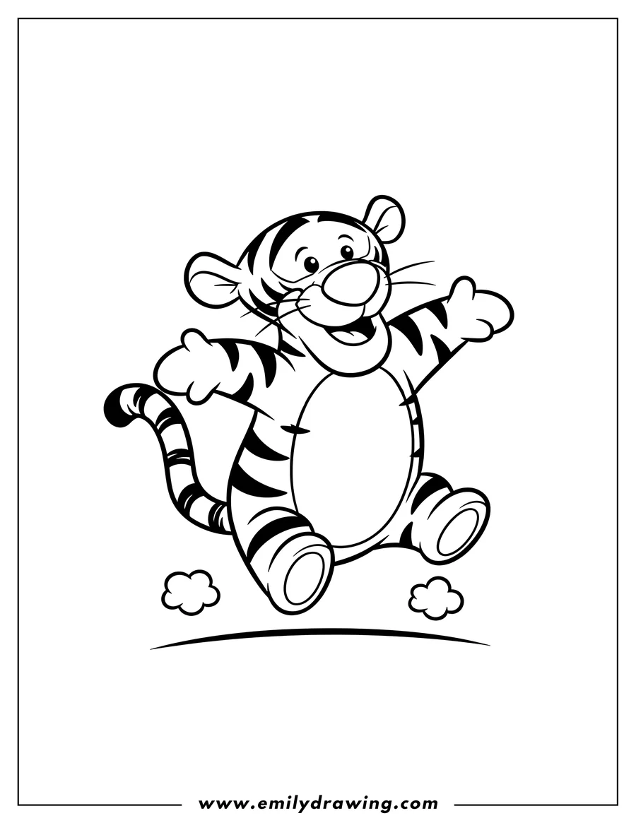 Outline of Tigger from Winnie the Pooh, happily bouncing with arms and legs splayed out, a big smile on his face.