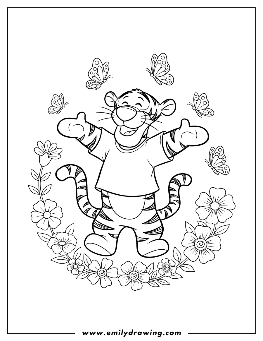 Line art of Tigger, the bouncy tiger from Winnie the Pooh, with his arms outstretched and a big smile, surrounded by flying butterflies and a decorative border of flowers.