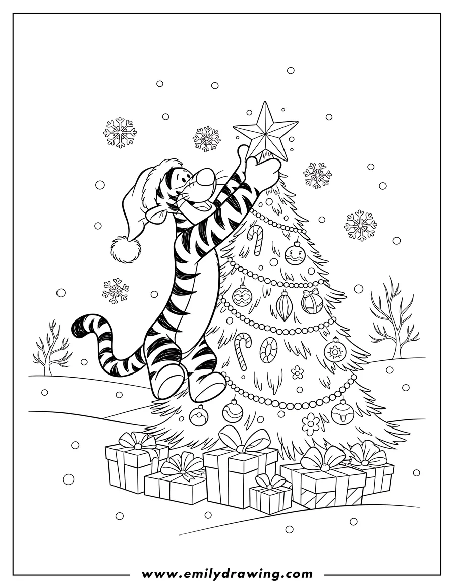 Line art of Tigger wearing a Santa hat, placing a star on top of a decorated Christmas tree with presents underneath, while snowflakes fall.